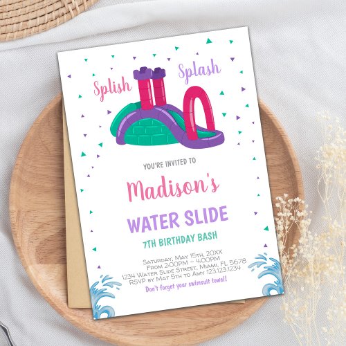 Purple Pink Water Slide Birthday Invitations