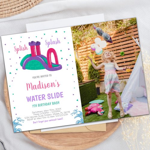 Purple Pink Water Slide Birthday Invitations photo