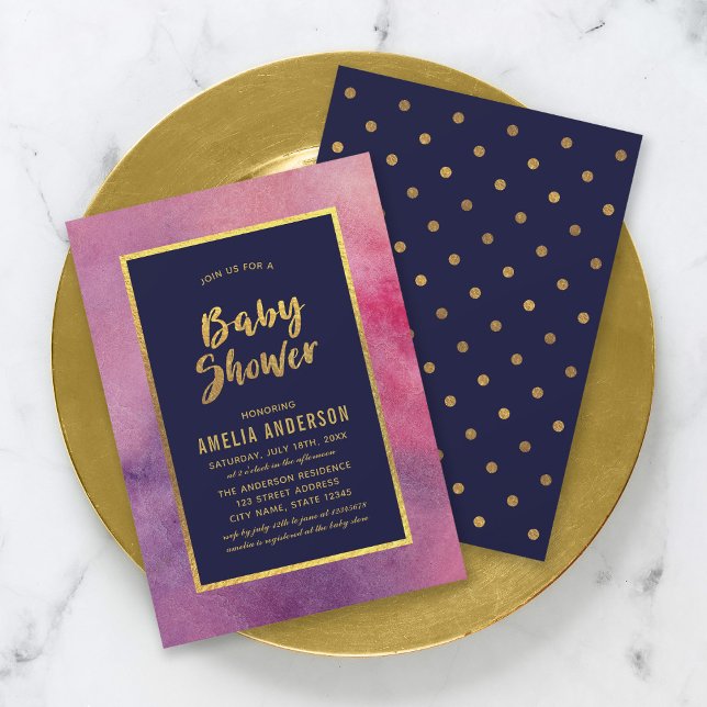 Purple Pink Watercolor and Faux Gold Baby Shower Invitation (Creator Uploaded)