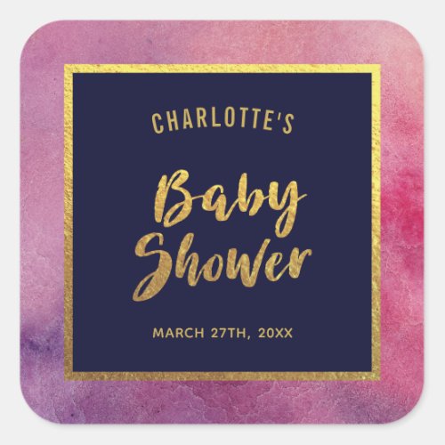 Purple Pink Watercolor and Faux Gold Baby Shower Square Sticker