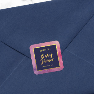 Purple Pink Watercolor and Faux Gold Baby Shower Square Sticker