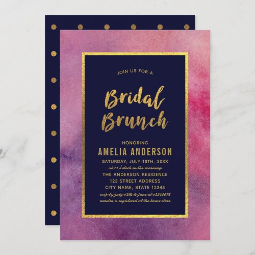 Purple Pink Watercolor and Faux Gold Bridal Brunch Invitation