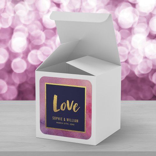 Purple Pink Watercolor and Faux Gold Love Wedding Square Sticker