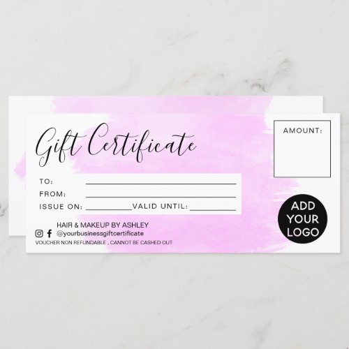 Purple pink watercolor brush gift certificate logo