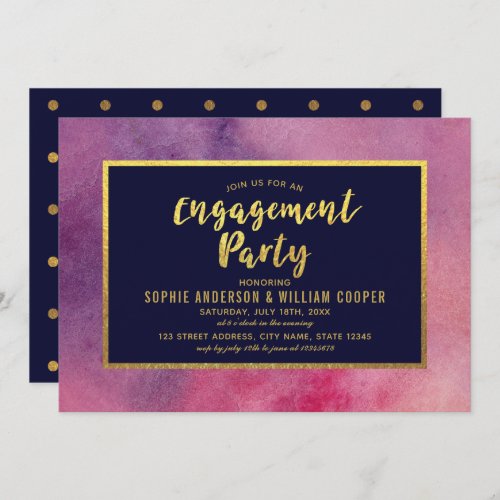 Purple Pink Watercolor Faux Gold Engagement Party Invitation