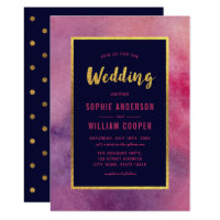 Purple Pink Watercolor & Faux Gold Wedding Card