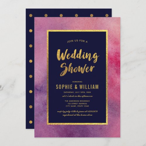 Purple Pink Watercolor  Faux Gold Wedding Shower Invitation