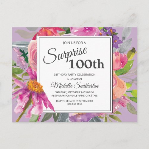 Purple Pink Watercolor Floral 100th Birthday Postcard