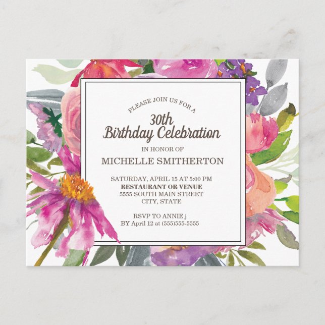 Purple Pink Watercolor Floral 30th Birthday Party Postcard (Front)