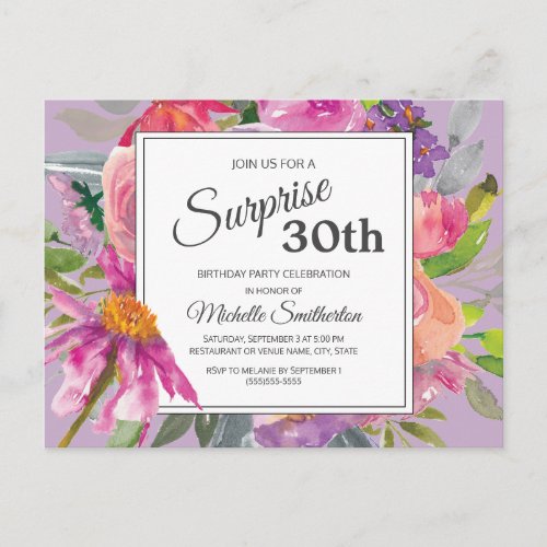 Purple Pink Watercolor Floral 30th Birthday Postcard