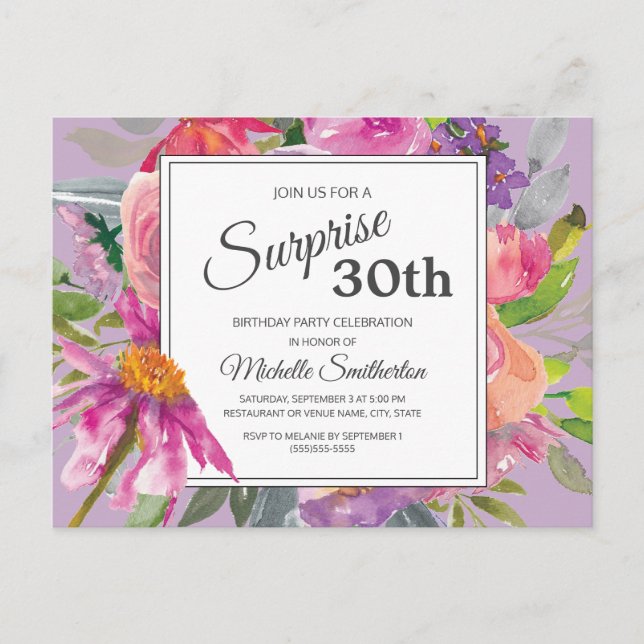 Purple Pink Watercolor Floral 30th Birthday Postcard (Front)