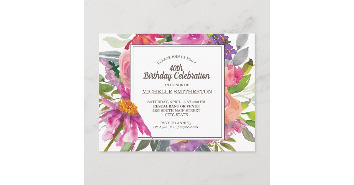 Purple Pink Watercolor Floral 40th Birthday Party Postcard | Zazzle