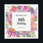 Purple Pink Watercolor Floral 90th Birthday Napkins<br><div class="desc">Purple and pink watercolor wildflower women's 90th birthday party paper napkins personalized with the name of the guest of honor,  her age,  and her party date.  Text is fully customizable,  so this card can be designed for any age.  Contact us for help with customization or matching products.</div>