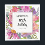 Purple Pink Watercolor Floral 90th Birthday Napkins<br><div class="desc">Purple and pink watercolor wildflower women's 90th birthday party paper napkins personalized with the name of the guest of honor,  her age,  and her party date.  Text is fully customizable,  so this card can be designed for any age.  Contact us for help with customization or matching products.</div>