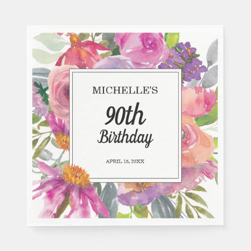 Purple Pink Watercolor Floral 90th Birthday Napkins