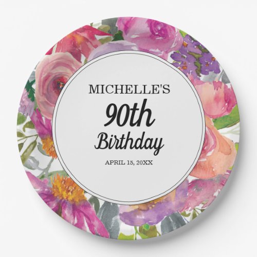 Purple Pink Watercolor Floral 90th Birthday Paper Plates