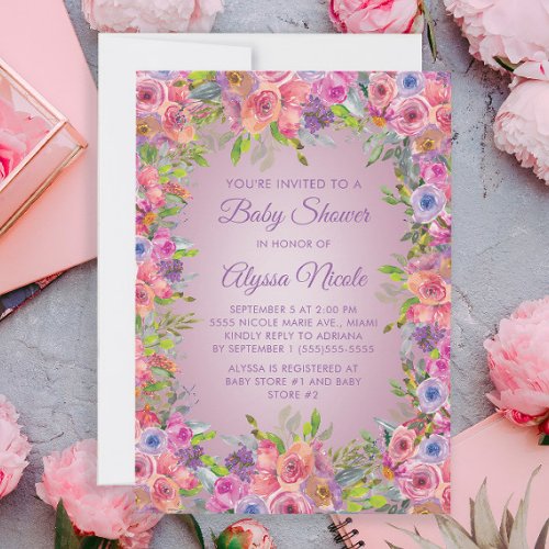 Purple Pink Watercolor Floral Baby Shower Invitation