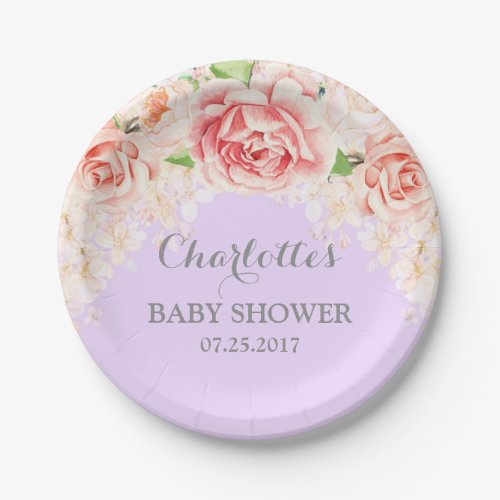 Purple Pink Watercolor Floral Baby Shower Plate