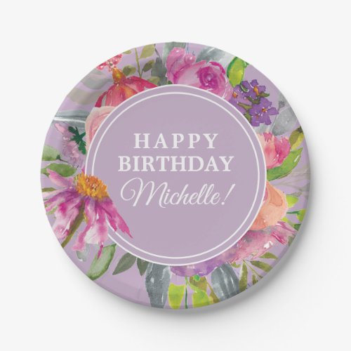 Purple Pink Watercolor Floral Birthday Party Paper Plates