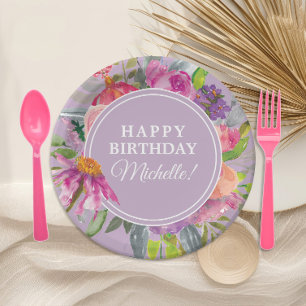 Purple Pink Watercolor Floral Birthday Party Paper Plates