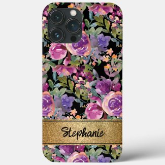 Purple Pink Watercolor Floral Black Gold Name