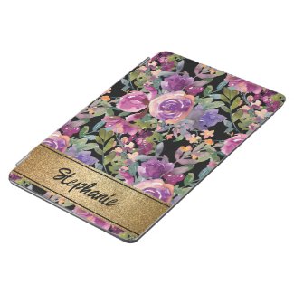 Purple Pink Watercolor Floral Black Gold Name 