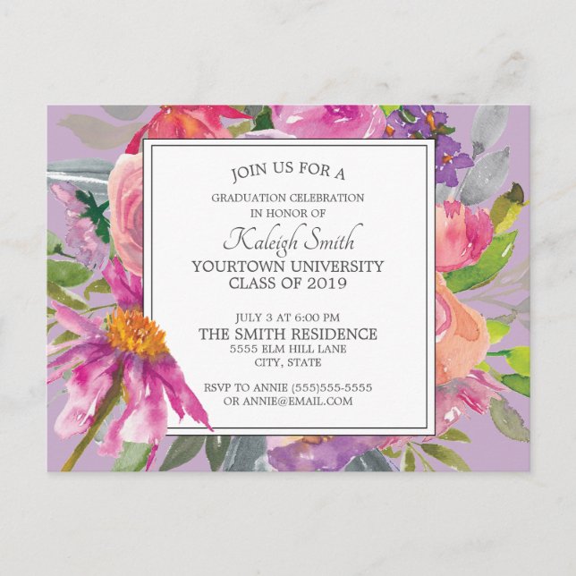 Purple Pink Watercolor Floral Graduation Party Postcard (Front)