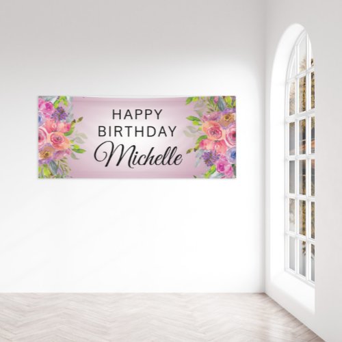 Purple Pink Watercolor Floral Happy Birthday Name Banner