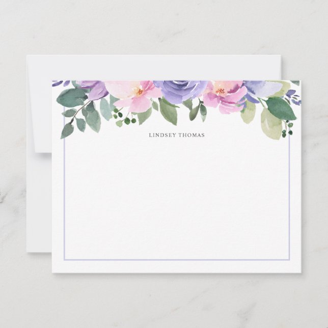 Purple Pink Watercolor Floral Personalized Note Card (Front)