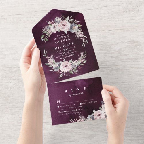 Purple pink watercolor floral rustic boho wedding all in one invitation