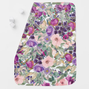 Purple Pink Watercolor Floral Sage Green Leaves Baby Blanket
