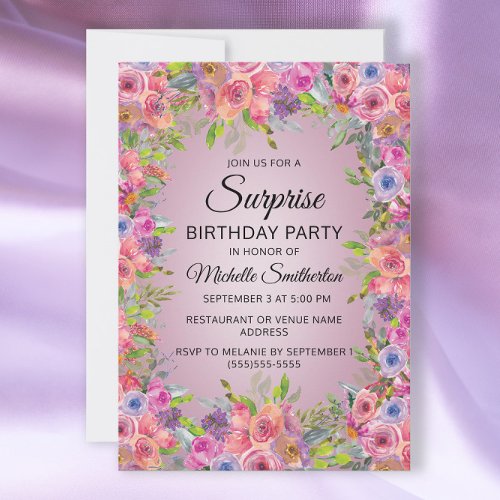 Purple Pink Watercolor Floral Surprise Birthday  Invitation