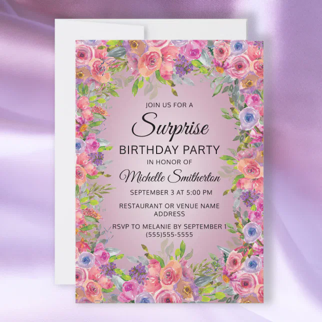 Purple Pink Watercolor Floral Surprise Birthday Invitation | Zazzle