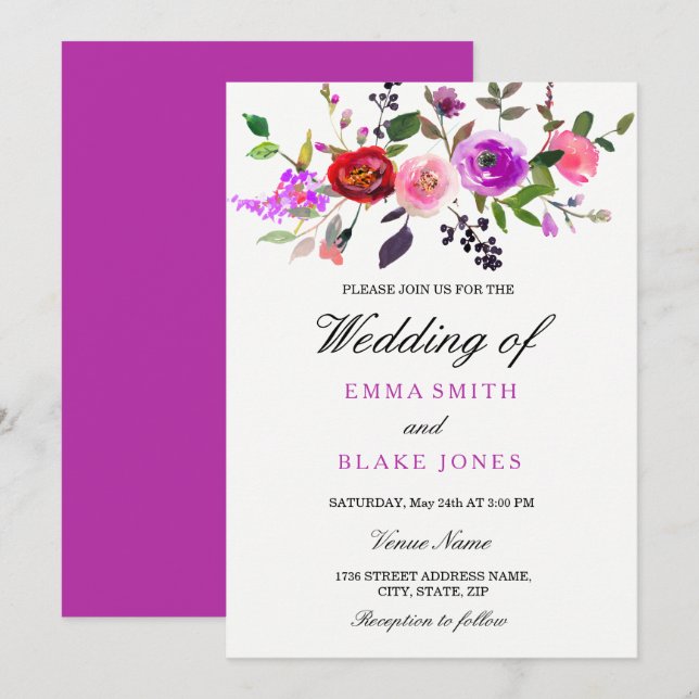 Purple Pink Watercolor Floral Wedding Invitation (Front/Back)