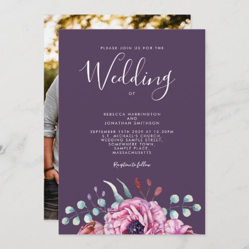 Purple Pink Watercolor Floral Wedding Invitation