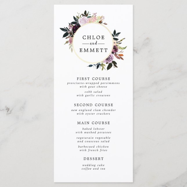 Purple Pink Watercolor Floral Wedding Menu (Front)