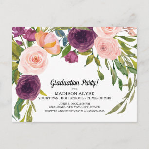 Purple Pink Watercolor Floral White Graduation Postcard