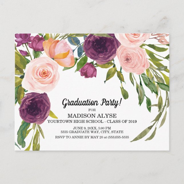 Purple Pink Watercolor Floral White Graduation Postcard (Front)