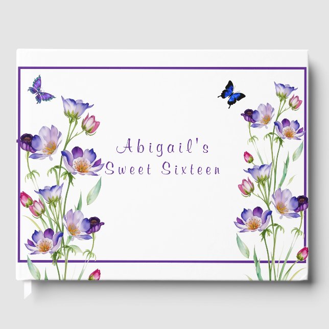 Purple Pink Watercolor Flowers Sweet Sixteen  Guest Book (Front)