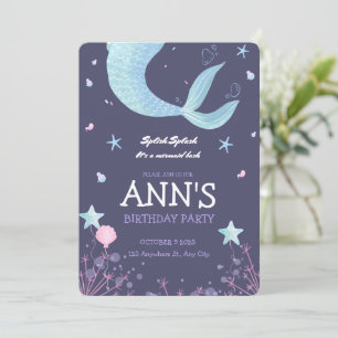 Purple Pink Watercolor Mermaid Kids Birthday Invitation