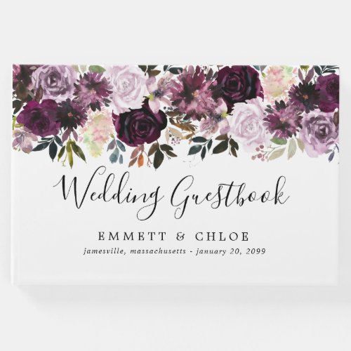 Purple Pink Watercolor Rose Floral Wedding Guest Book