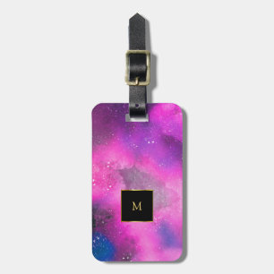 Purple pink watercolor splatter gold monogram luggage tag