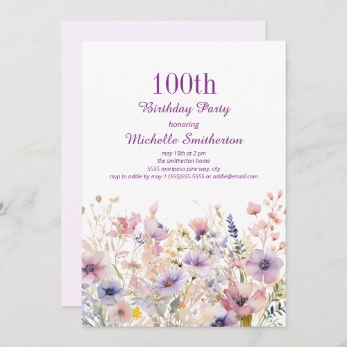 Purple Pink Watercolor Wildflower 100th Birthday Invitation