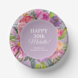 Purple Pink Watercolor Wildflower 30th Birthday Paper Bowls