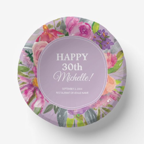 Purple Pink Watercolor Wildflower 30th Birthday Paper Bowls