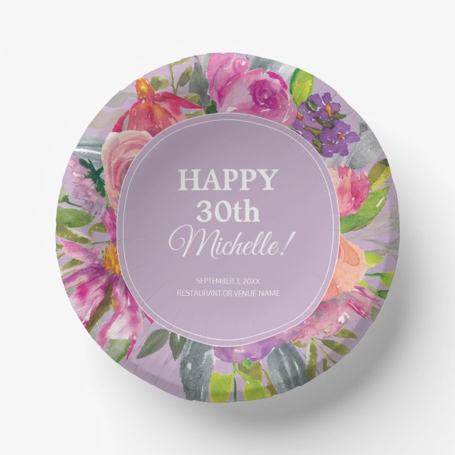 Purple Pink Watercolor Wildflower 30th Birthday Paper Bowls (Front)
