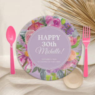 Purple Pink Watercolor Wildflower 30th Birthday Paper Plates
