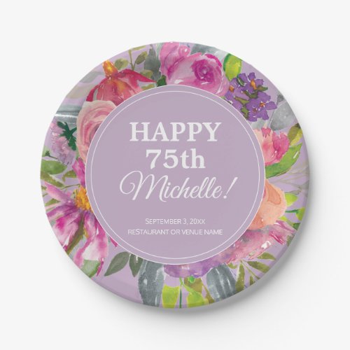 Purple Pink Watercolor Wildflower 75th Birthday Paper Plates