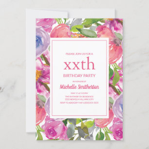 Purple Pink Watercolor Wildflower Any Age Birthday Invitation