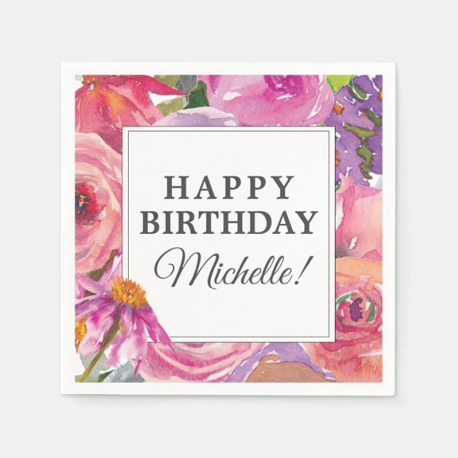 Purple Pink Watercolor Wildflower Happy Birthday Napkins (Front)